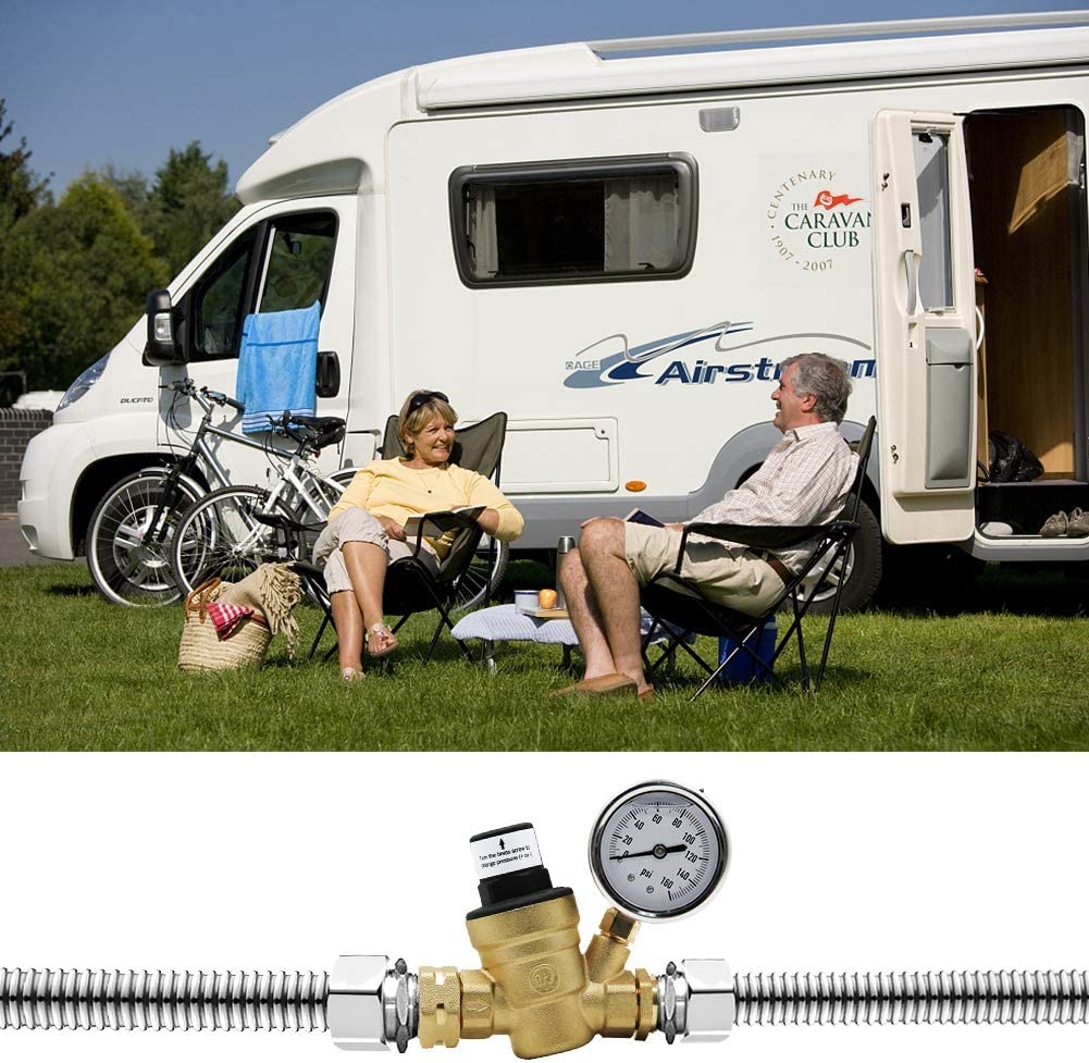 Twinkle Star RV Water Pressure Regulator Valve with Gauge and Inlet Screened Filter